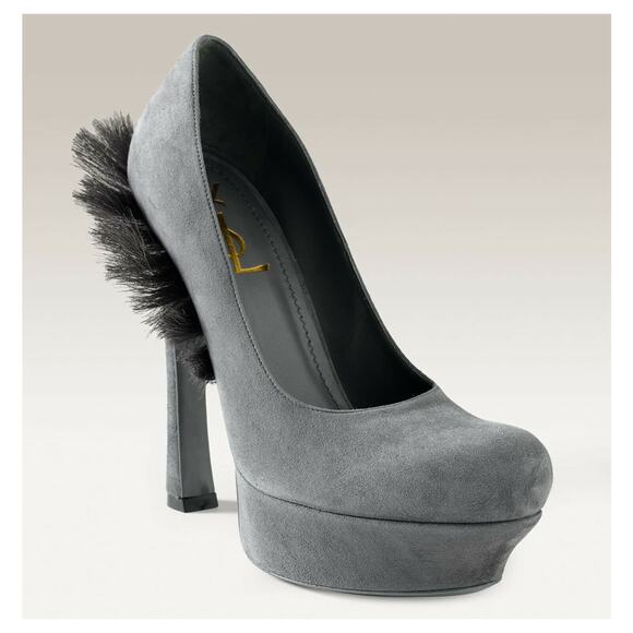 YSL Yves Saint Laurent Palais Mohawk Goat Fur Suede Platform Pump Gray 38/8 - Picture 11 of 11